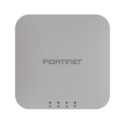 Gray fortinet fap-221k-h wi-fi 7 dual-band indoor access point with rounded corners and indicator lights