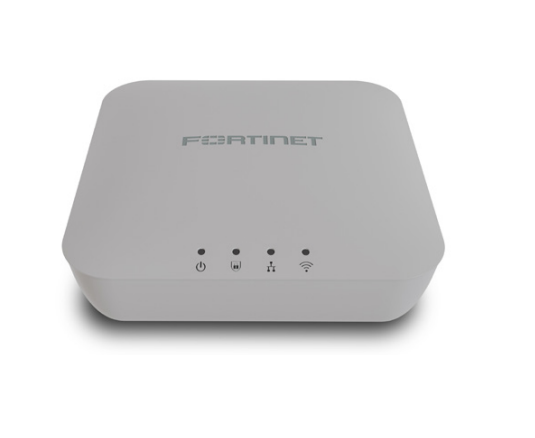 White fortinet fap-221k-h wifi 7 dual-band indoor access point with rounded edges and four indicator lights