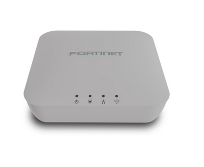 White fortinet fap-221k-h wifi 7 dual-band indoor access point with rounded edges and four indicator lights