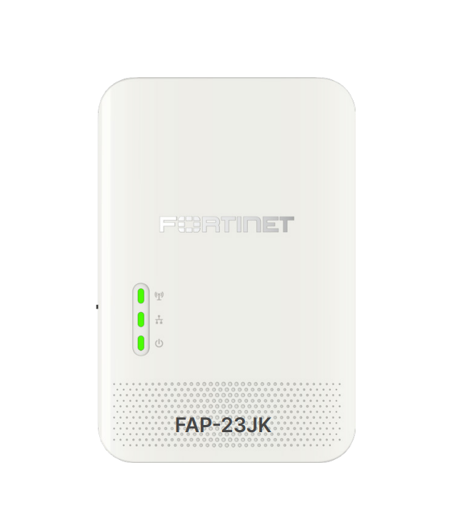 White fortinet fap-23jk wi-fi 7 tri-band wall plate access point with green led indicators and sleek rectangular design