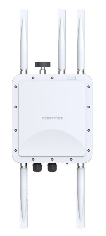 White fortinet fap-222kl-h outdoor wifi 7 access point with four external antennas and black rotary knob on top