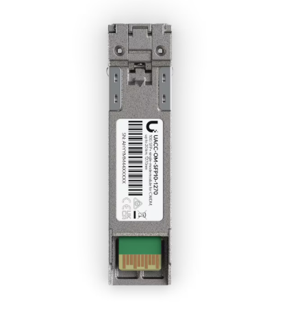 Silver metallic ubiquiti uacc-om-sfp10-1270 10g cwdm sfp+ transceiver with green optical connector and white brand label