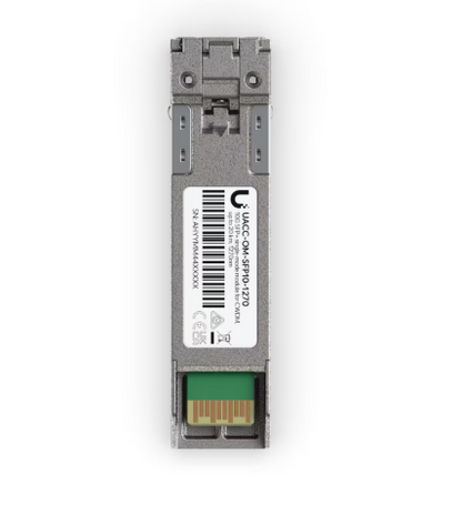 Silver metallic ubiquiti uacc-om-sfp10-1270 10g cwdm sfp+ transceiver with green optical connector and white brand label