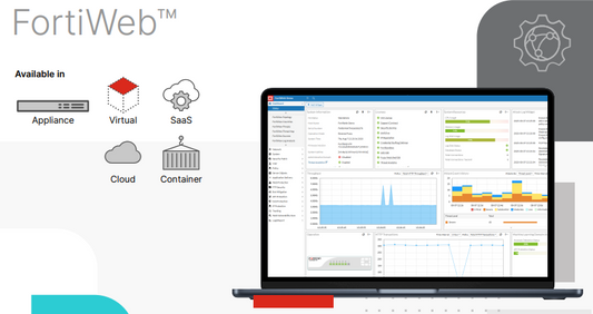 FortiWeb-VM04 virtual appliance dashboard on laptop with charts