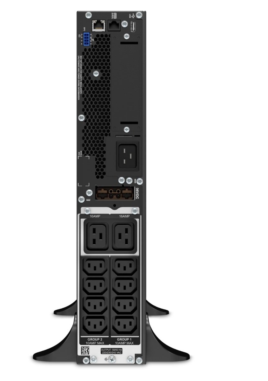 APC SRT3000XLI back view: black metal rack with power outlets and network ports