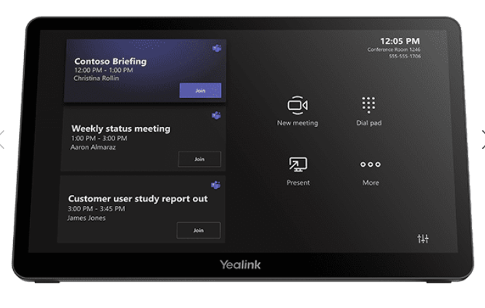 Black Yealink MTouch Plus Ext tablet showing meeting schedules and call interface