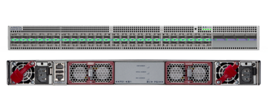 Silver-colored arista dcs-7020r4-48y-4qc-f server rack with multiple ports and ventilation grilles on the back side