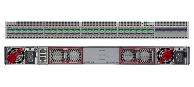 Silver Arista DCS-7020R4M-48Y-4QC-F switch router rear view with multiple ports red fan covers and ventilation grilles