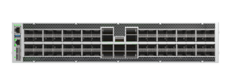 Silver Arista DCS-7280R4-64QC-10PE-F rack-mountable network switch with black ports and ventilation slots on front panel