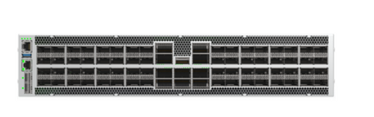 Silver-colored arista dcs-7280r4k-64qc-10pe-f rack-mountable switch with black ports and ventilation slots on the back side