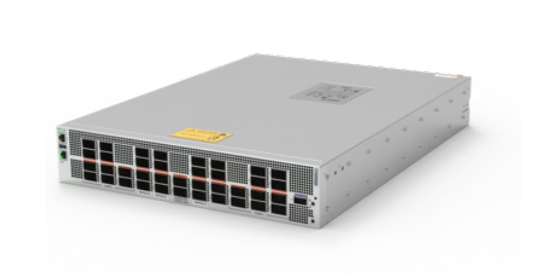 Silver-colored Arista DCS-DL-7700R4C-38PE-B-F 7700R4 38-port 800GbE distributed leaf switch with black network ports and orange lights
