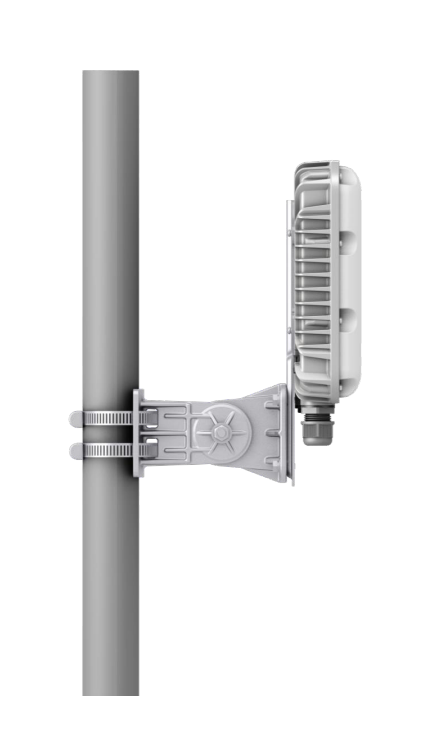 Gray industrial outdoor lighting fixture with ribbed housing and adjustable bracket mounted on pole for fortinet fap-244k-h wifi 7 access point