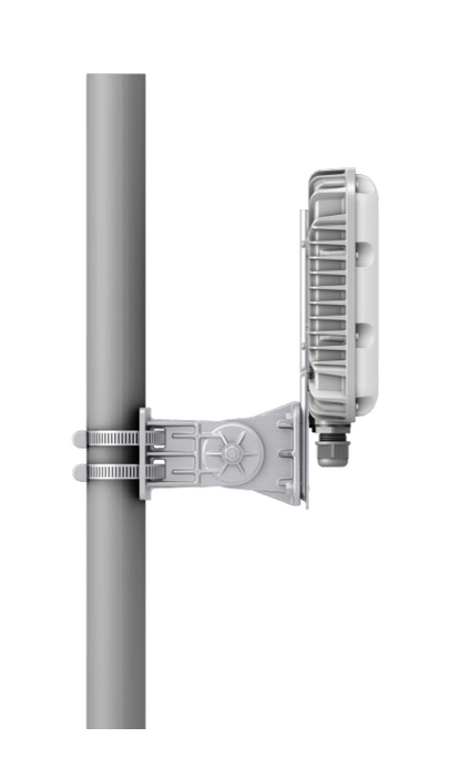 Gray industrial outdoor lighting fixture with ribbed housing and adjustable bracket mounted on pole for fortinet fap-244k-h wifi 7 access point