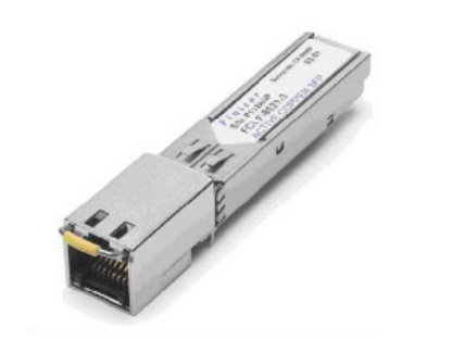 Silver-colored metal check point cpac-tr-10t-adp 10gbase-t sfp+ transceiver with yellow latch and labeled specifications