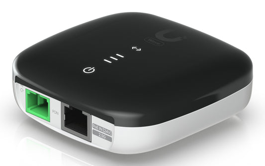 Backside of a black and white ubiquiti wavefiber gpon onu media converter with pon and poe in 2.5g ethernet ports