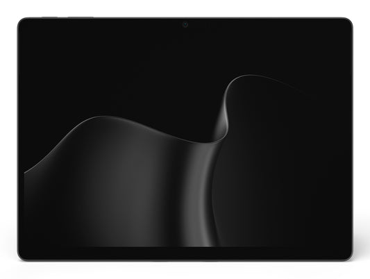 Black samsung galaxy tab s9 ultra tablet with sleek minimalist design and subtle wave pattern on screen in microsoft surface pro 13 12th ed
