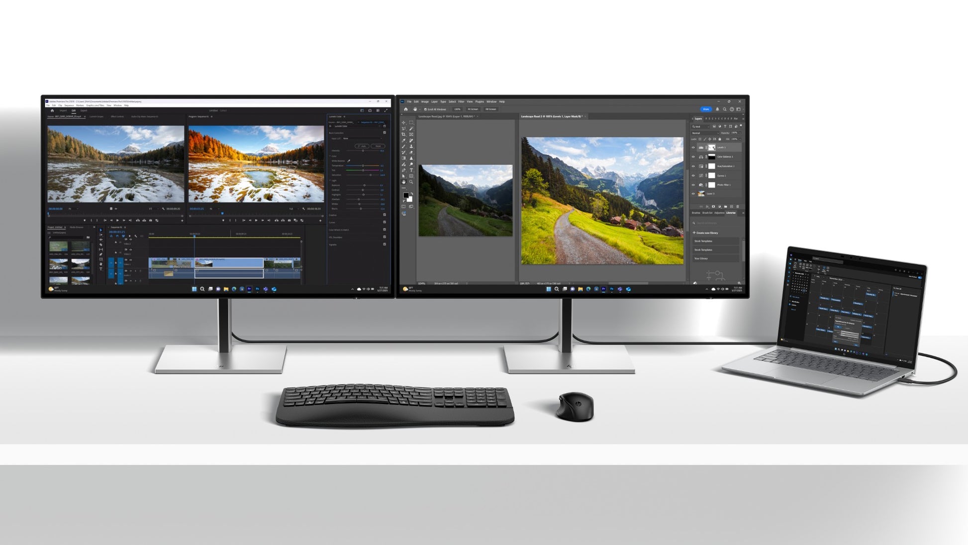 Hp b7jm6aa series 7 pro 732xk dual 31.5in 4k ultrawide monitors with slim black bezels and minimalist silver stands displaying video editing software