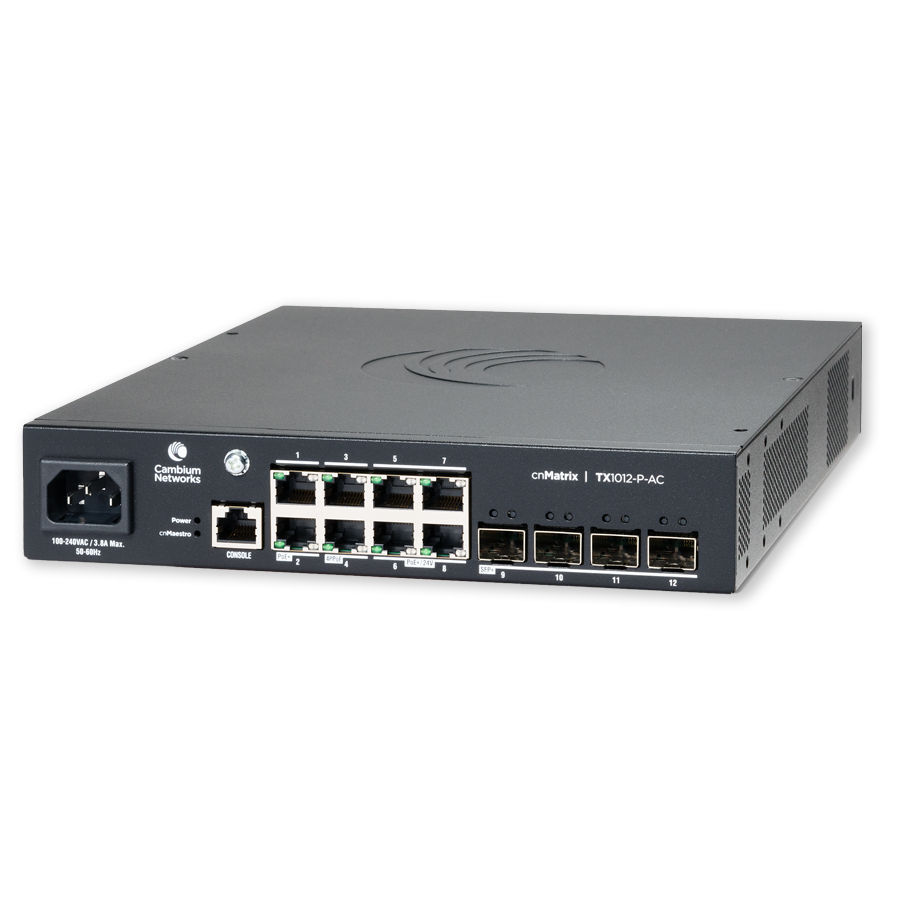 Cambium Networks MXTX1012GXPF00 | CNMatrix TX1012-P-AC, 8 x 1Gbps PoE Ports, 4 x SFP+ Uplinks, 240V