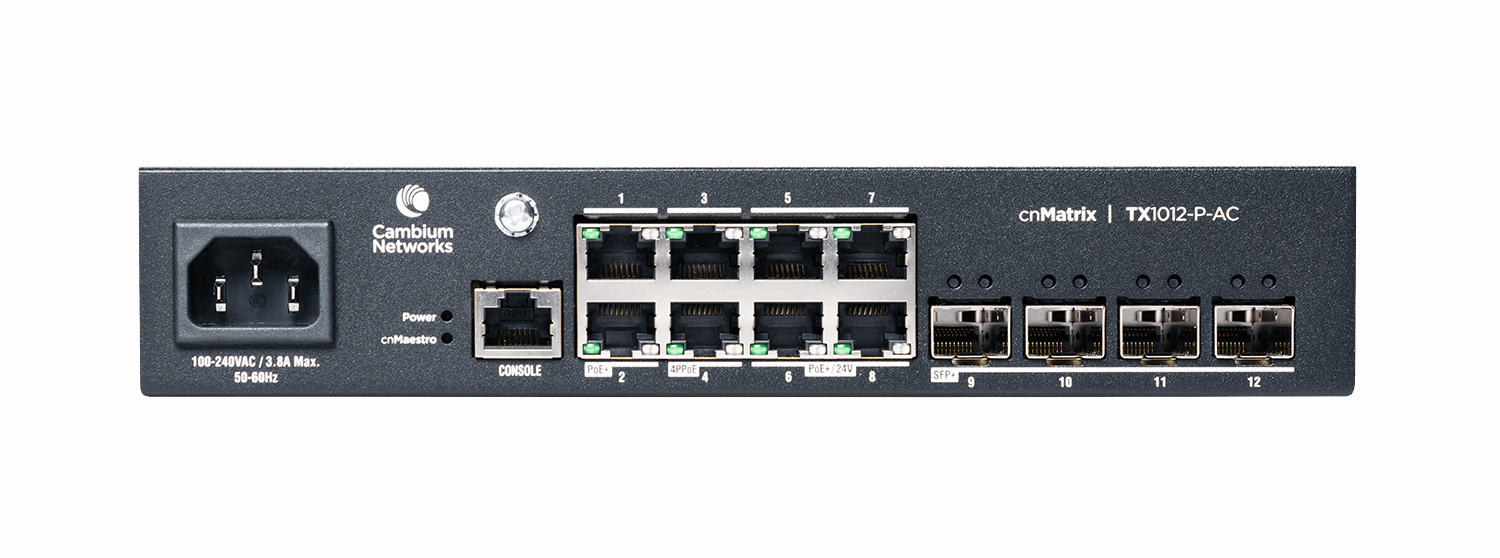 Cambium Networks MXTX1012GxPAF0 | cnMatrix TX1012-P-AC PoE Switch, 8 x 1GbE, 4 x SFP+, AC, No Power Cord