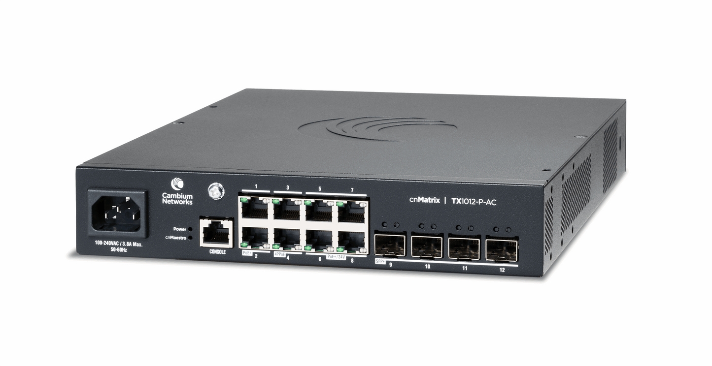 Cambium Networks MXTX1012GxPAF0 | cnMatrix TX1012-P-AC PoE Switch, 8 x 1GbE, 4 x SFP+, AC, No Power Cord