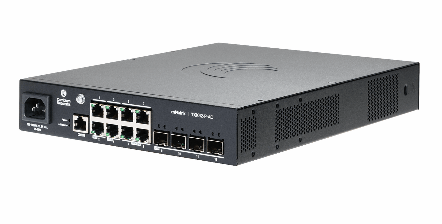 Cambium Networks MXTX1012GxPAF0 | cnMatrix TX1012-P-AC PoE Switch, 8 x 1GbE, 4 x SFP+, AC, No Power Cord