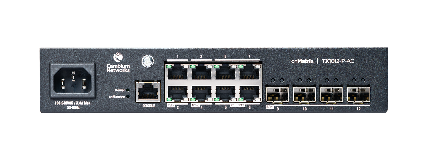 Cambium Networks CNMatrix TX1012-P-AC switch rear with 8 Ethernet ports