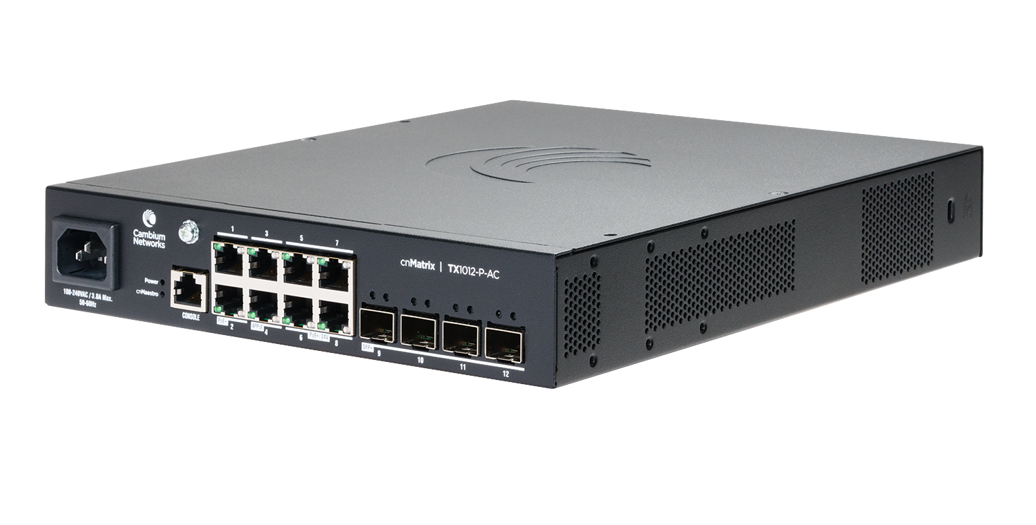 Cambium CNMatrix TX1012-P-AC switch with 8x1Gbps PoE ports and 4xSFP+ uplinks