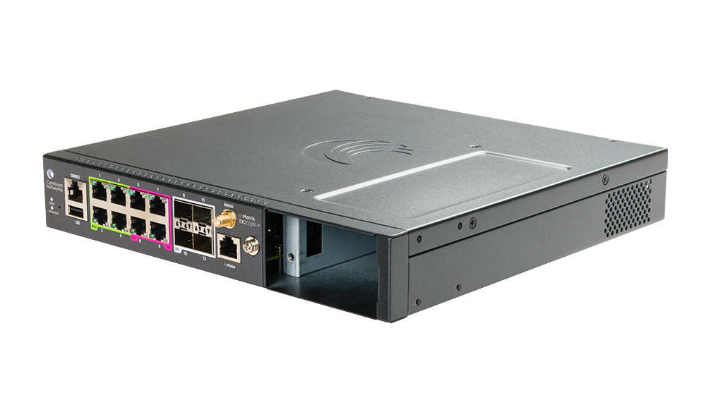 Cambium Networks cnMatrix TX2012R-P switch with colored Ethernet ports and gold antenna
