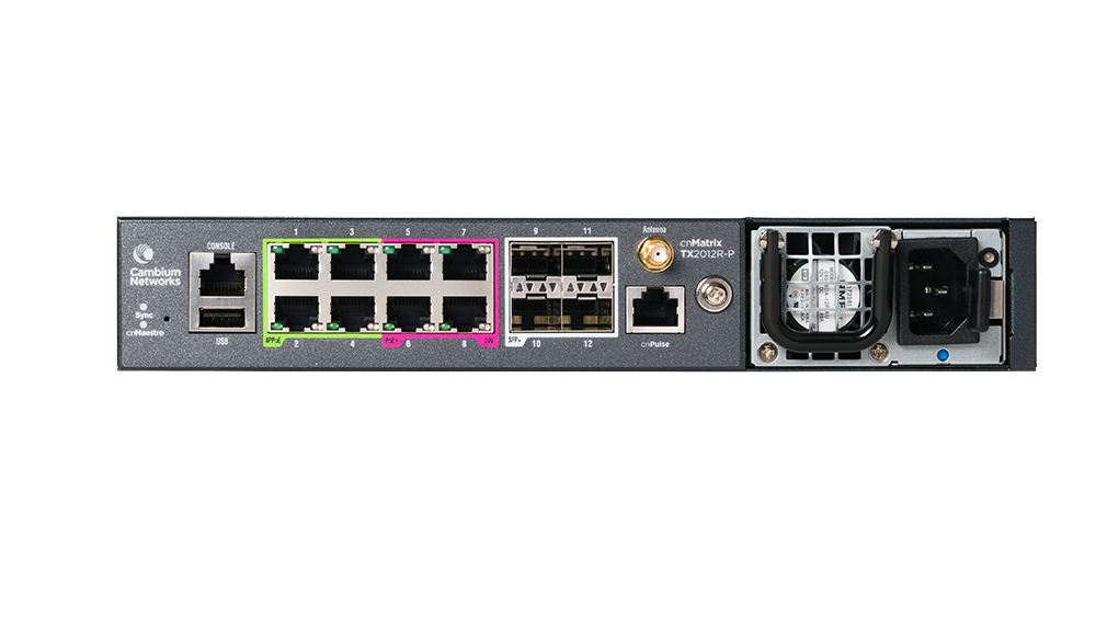 Cambium cnMatrix TX2012R-P switch with colorful Gigabit Ethernet ports and fan
