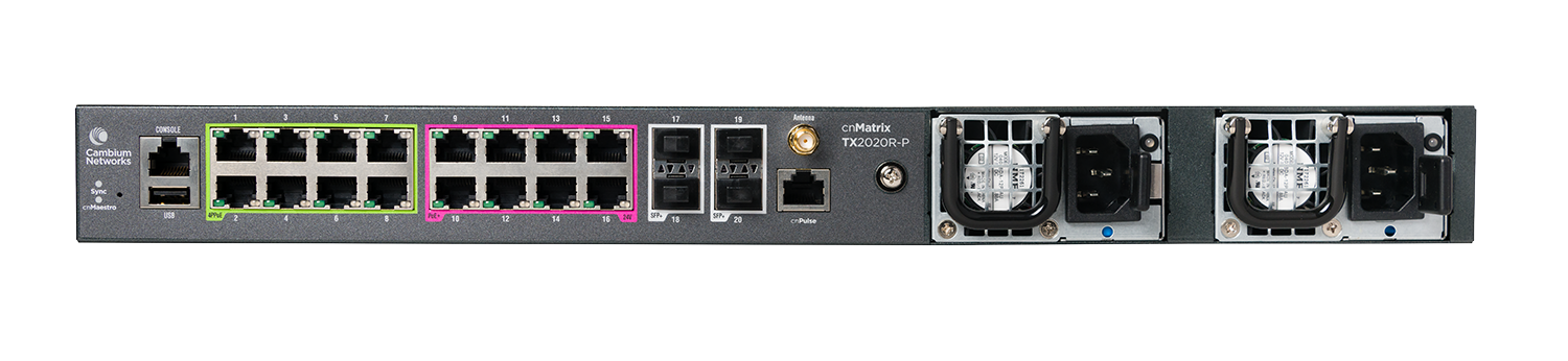 Cambium Networks cnMatrixTX 2020R-P switch rear with 10Gbase-T and PoE ports
