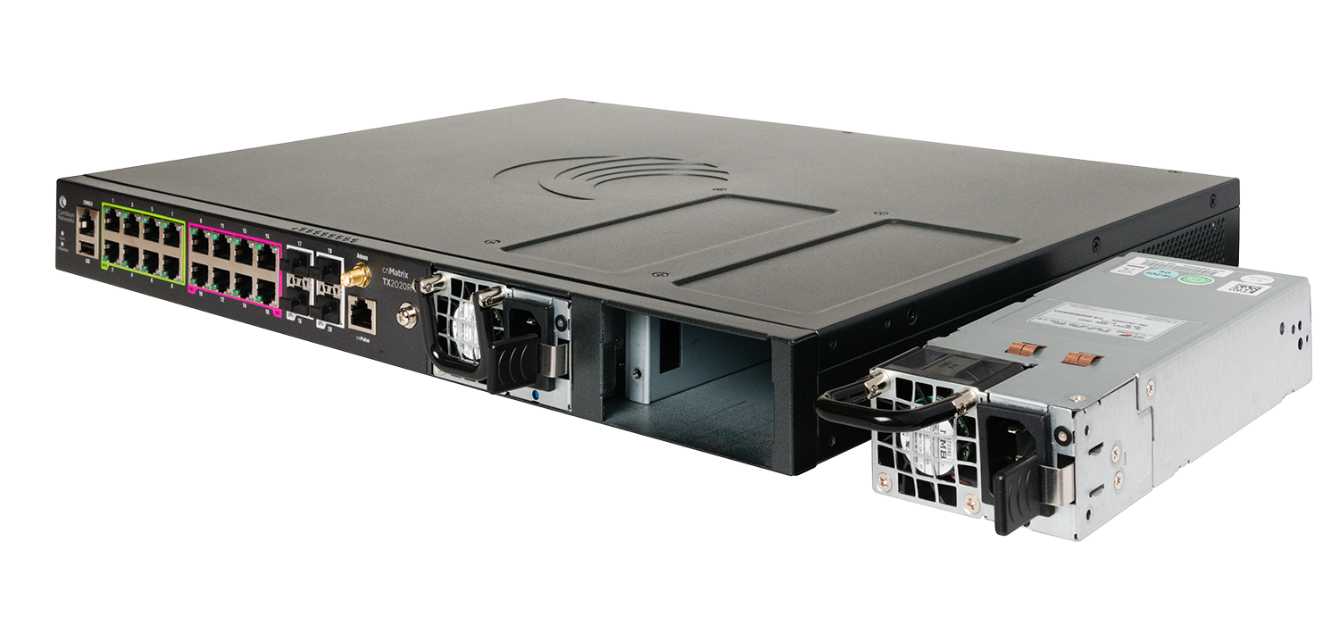 Cambium cnMatrixTX 2020R-P switch with colored Ethernet ports and silver PSU