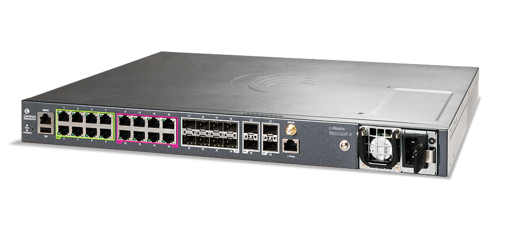 Cambium cnMatrix TX2028RF-P switch with gray ports, green and purple Ethernet connectors
