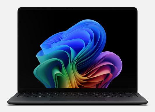 Black Microsoft Surface Laptop 8 13.8 inch with vibrant swirling Windows 11 wallpaper and Snapdragon X2 Elite processor