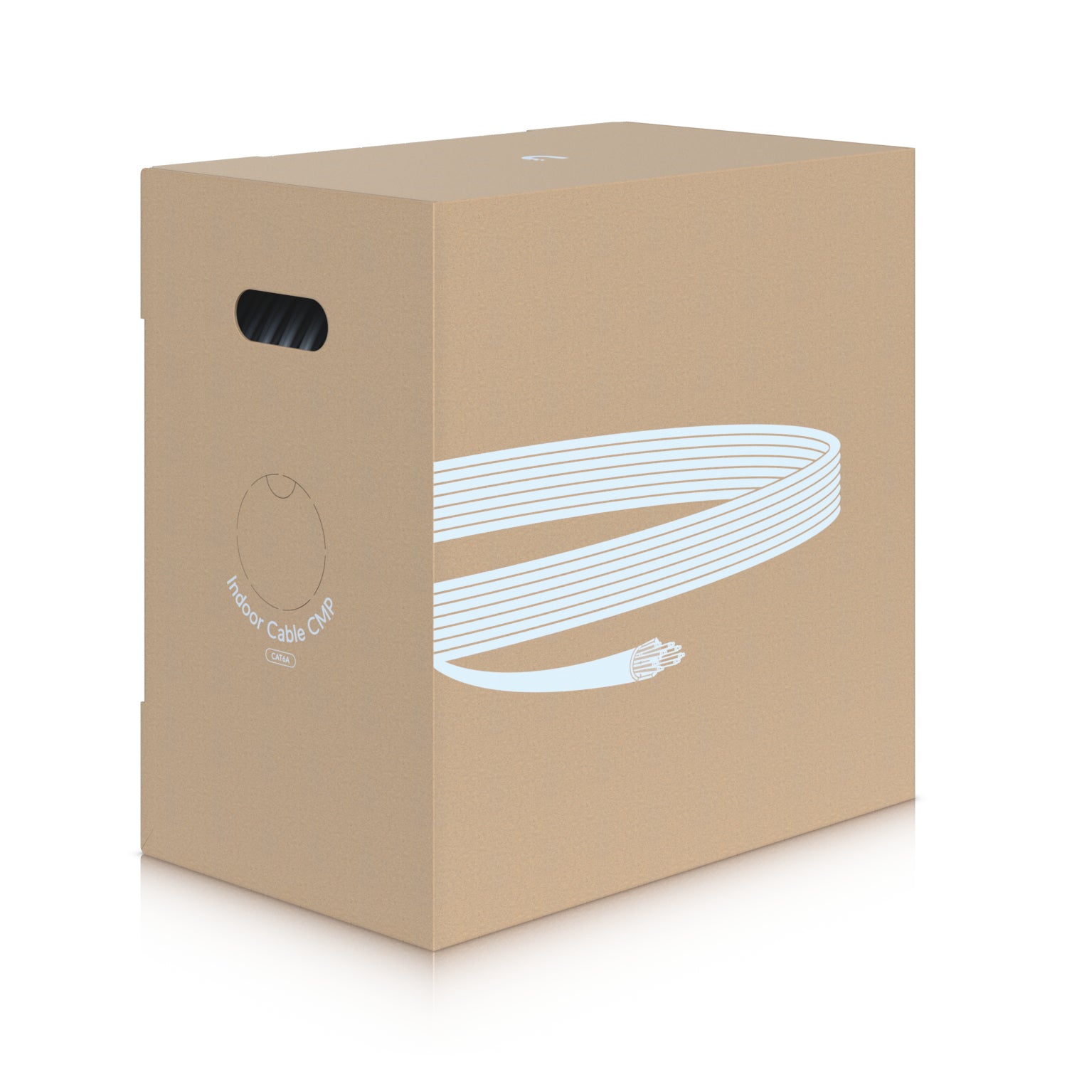 Beige cardboard box with white graphic of coiled indoor cable for ubiquiti unifi indoor cat6a cmp ethernet cable 305m
