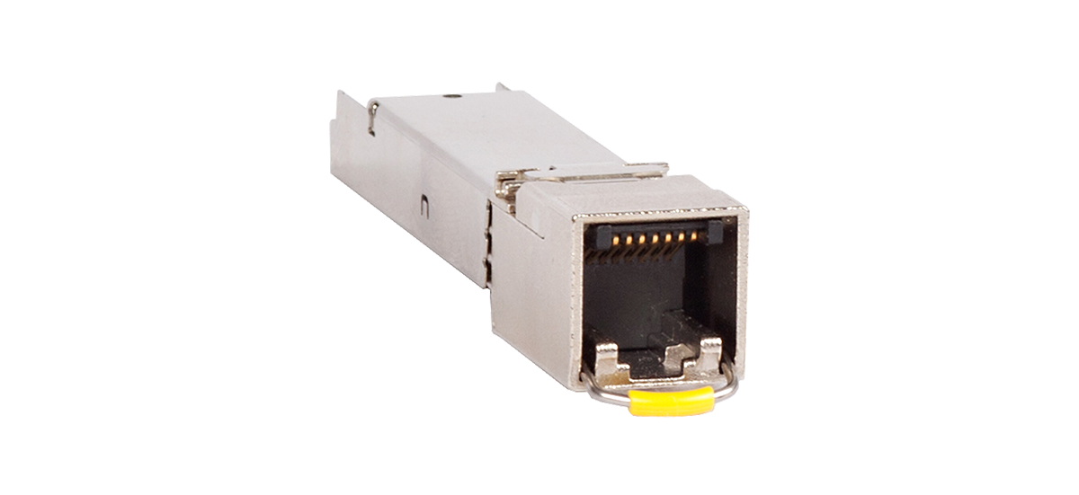 Fortinet FN-TRAN-SFP+GC silver 10GE copper SFP+ transceiver with yellow cap