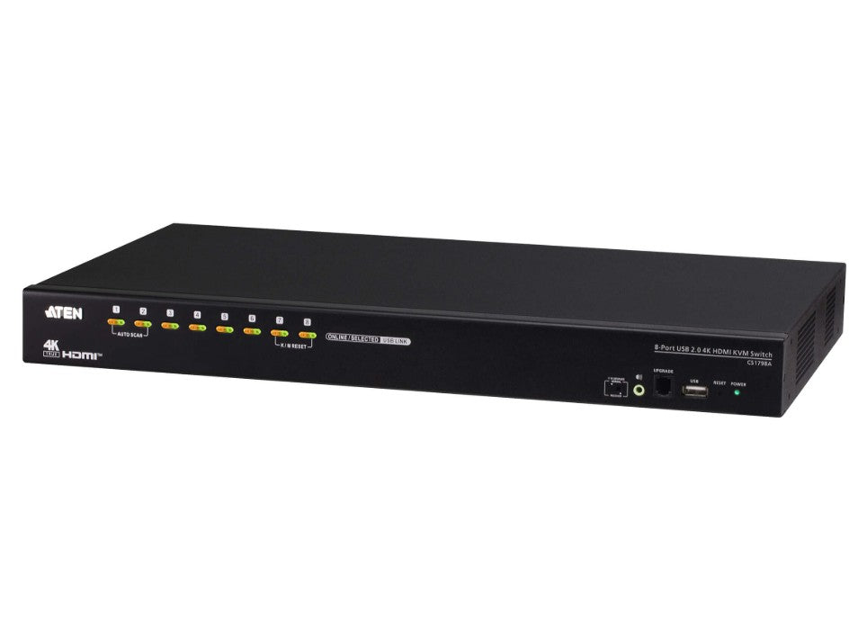 Black aten cs1798a-AT-U 8-port usb 2.0 4k hdmi kvm switch with front indicator lights and ports for seamless device control