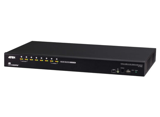 Black aten cs1798a-AT-U 8-port usb 2.0 4k hdmi kvm switch with front indicator lights and ports for seamless device control