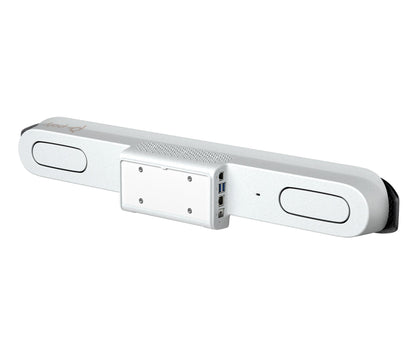 Poly Studio X52 4K video bar rear view with ports and speaker grilles