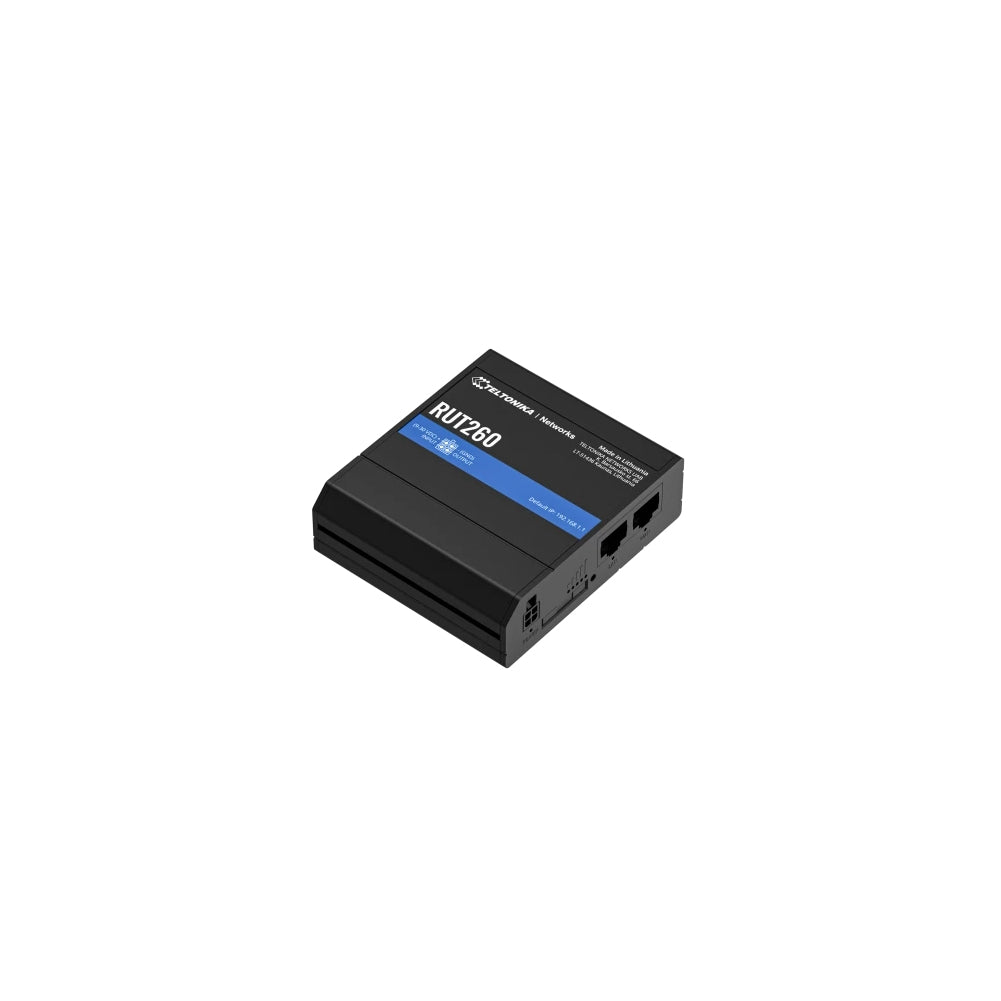 Black plastic tp-link rut260 router showing back with blue label and two ethernet ports for lan and wan failover use