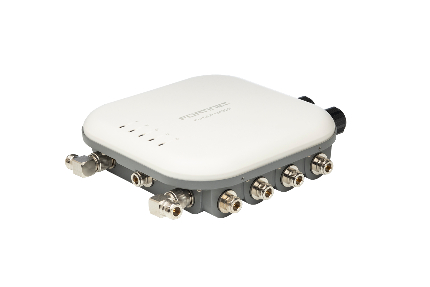 White and gray Fortinet AP-605 access point with connectors