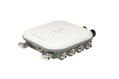 White and gray Fortinet AP-605 access point with connectors