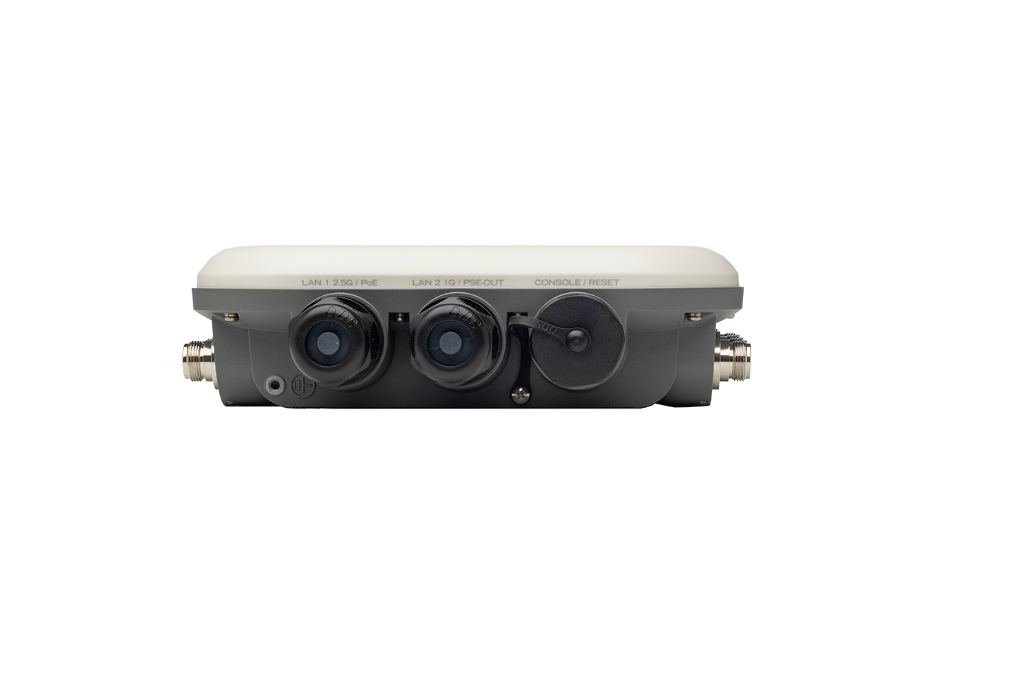 Back view of Fortinet FAP-U432F-N with black and white dual-lens camera unit, LAN ports