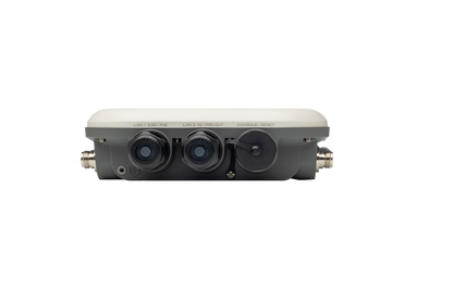 Back view of Fortinet FAP-U432F-N with black and white dual-lens camera unit, LAN ports
