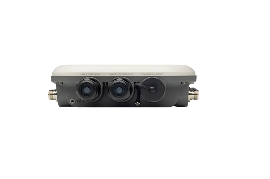 Back view of Fortinet FAP-U432F-N with black and white dual-lens camera unit, LAN ports