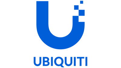 Blue u-shaped logo with the word ’ubiquiti’ in matching blue text below it.