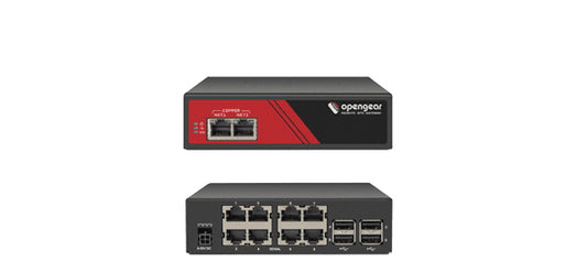 Black and red opengear acm7008-2-l-glb 8-port console manager with ethernet and usb ports for network connectivity