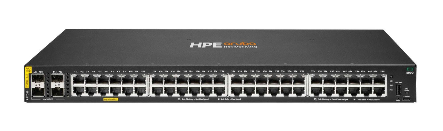 Aruba R9Y03B | CX 6000 48-Port 1GbE PoE+ Access Switch, 4 x SFP Uplinks, 740W