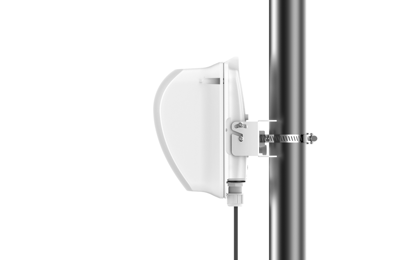 Cambium cnWave 60GHz V2000 client node on white pole mount with clamp and cable