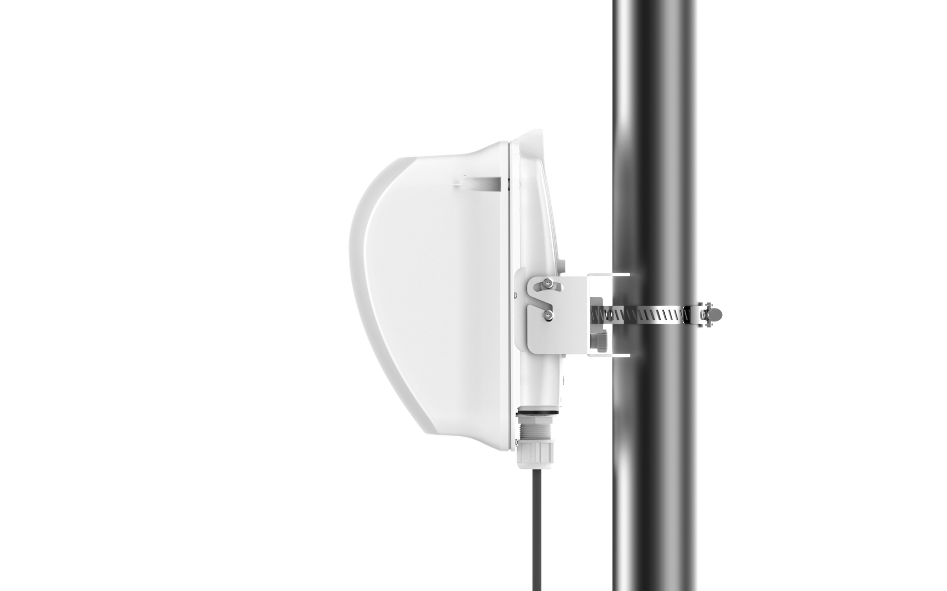 Cambium cnWave 60GHz V2000 client node on white pole mount with clamp and cable