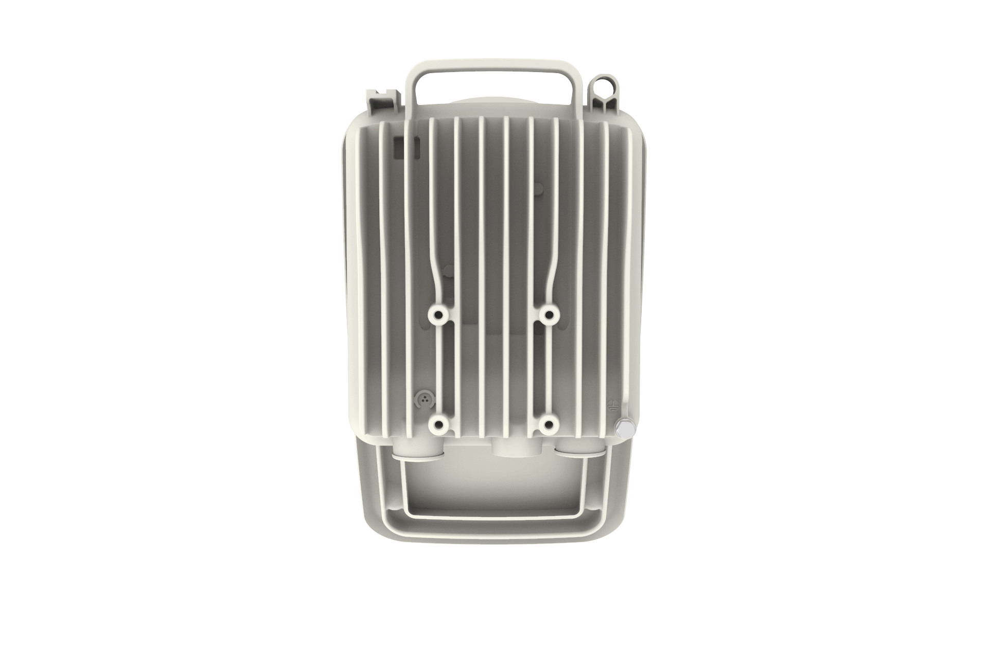 Gray plastic Cambium cnWave V3000 60GHz mmWave client node radio with ridges and handle